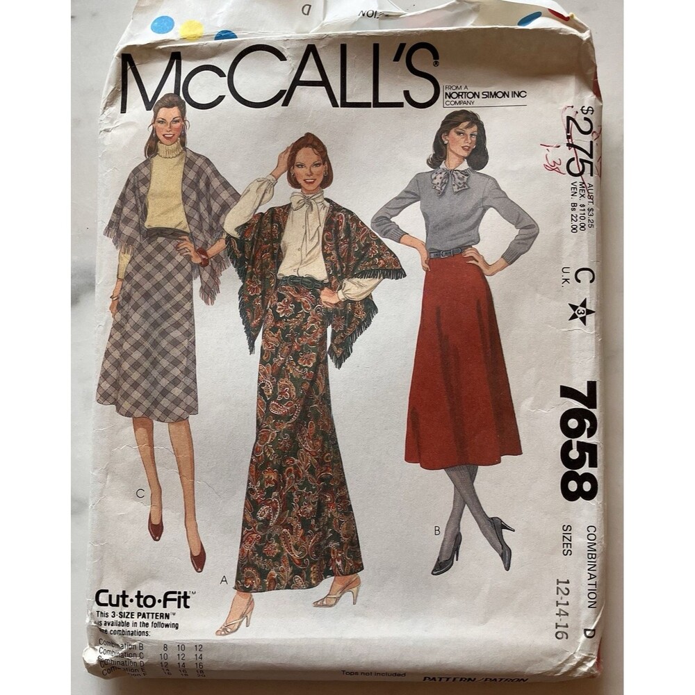 1 New Vintage‎ 1981 McCall's 7658 Flared Bias Skirt In 3 Lengths & Shawl Pattern